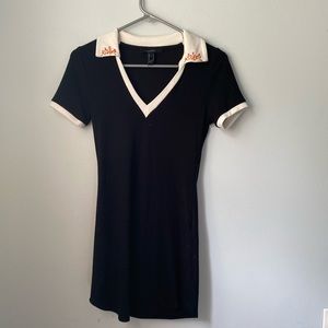 Black white collared dress with flame details